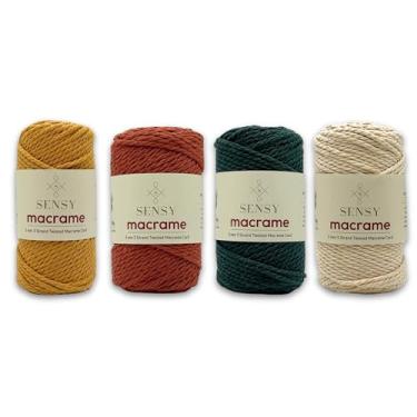 Imagem de Cordão de macramê Sensy Premium de 3 mm, 100% algodão, 60 m, 3 fios torcidos, corda de macramê, fio de algodão para macramê, fio de macramê (verde floresta, mostarda, tijolo, cru, 4 novelos (3 fios))