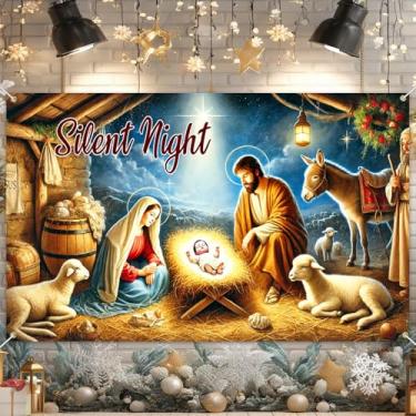 Imagem de HOMETITUTE Banner de presépio noturno silencioso 188 x 109 cm pano de fundo de Natal bebê Jesus Sagrada família manjedoura animais estrela de Belém fundo de Natal religioso para decoração de festa da
