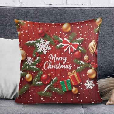 Imagem de Conjunto de 1 capa de almofada vermelha Feliz Natal 45,7 x 45,7 cm com estampa digital de madeira para decoração de férias de inverno para sofá de casa