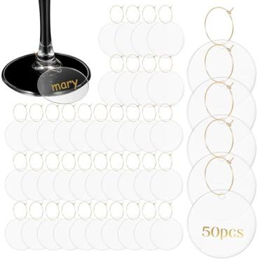 Imagem de Yuomeaz Conjunto de 50 pingentes de vinho de acrílico para taças de caule, pingentes de taça de vinho com anel aberto banhado a ouro, pingente de vinho para fazer joias, casamento, festa de