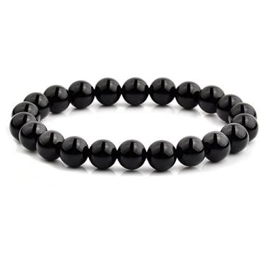 Imagem de Crucible Jewelry Pulseira elástica masculina ônix polido com contas (10,5 mm de largura), preta, tamanho único