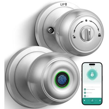 Imagem de Fechadura de porta de impressão digital, maçaneta de porta inteligente com fechadura, maçaneta biométrica com controle de aplicativo e chave, fechadura de porta de entrada de impressão digital sem