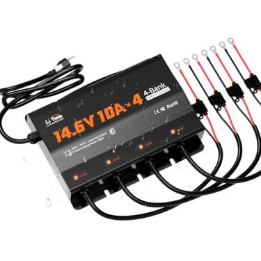 Imagem de LiTime Carregador de bateria inteligente de 4 bancos de 10 A (10 A/banco), carregador de bateria LiFePO4 de 14,6 V, carregador CA-CC com fusível, indicador LED para RV, barco, motocicleta