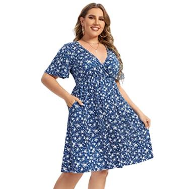 Imagem de AMZ PLUS Vestido feminino plus size casual, vestido rodado, plus size, minivestido de festa, Azul, 3G