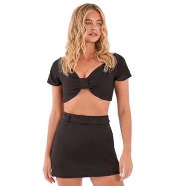 Imagem de Nasty Gal Top curto feminino com laço de ombro a ombro, Preto, 38