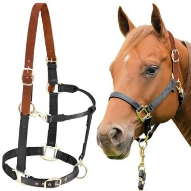Imagem de Yeyeplum Cabresto de cavalo de nylon ajustável com coroa de couro para queixo e garganta para treinamento de cavalos, espetáculo e uso diário para cavalos (marrom preto)