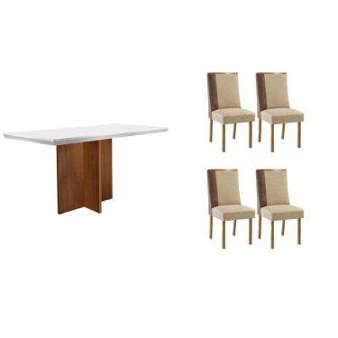 Imagem de Conjunto Sala de Jantar Berlim c/ Tampo Madeirado c/ Vidro Canto Curvo 120x80cm e 4 Cadeiras Tilia Madeira Maciça Naturale/Off White - Capuccino/Linho