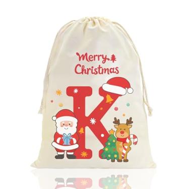 Imagem de Fohufo Saco de Papai Noel de Natal de 40 x 50 cm, bolsa de monograma personalizada com cordão, grande bolsa de Papai Noel de algodão reutilizável para presentes, suprimentos de festa de Natal, médio K