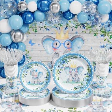 Imagem de Ecomore Decoração De Chá De Bebê De Elefante Para Menino - 241 Peças Azul Bebê Menino Gênero Revela Suprimentos Para Festa De Aniversário E Louça Descartável (25 Convidados) Com Pratos De Papel, Copos
