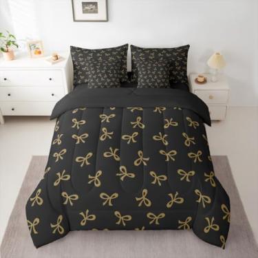 Imagem de Feelyou Conjunto de edredom solteiro com laço preto dourado com 7 peças, para crianças, meninos, meninas, fofo, kawaii, 7 peças, decoração de quarto de princesa, microfibra leve e macia