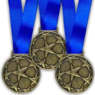 Imagem de Kit 10 Medalhas Para Futebol Premiação de Campeão Esporte liga dos Campeões 55mm Com Fita Azul (Dourado)