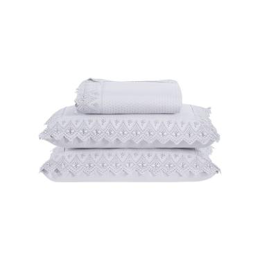 Imagem de Kit Colcha 3 Peças Queen Percal 300 Fios Bordado Inglês Home Madrid 100% Poliéster - Branco