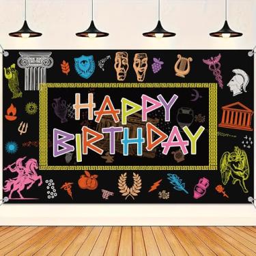 Imagem de Faixa de feliz aniversário mitologia grega - decorações de festa Percy Jackson com pano de fundo 179,8 x 110 cm, suprimentos de festa da Grécia Antiga para chá de bebê de aniversário