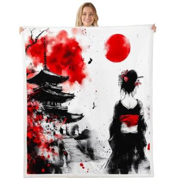 Imagem de Cobertor feminino japonês flor de cerejeira retrô sótão vermelho sol tinta arte cobertor de lã, mantas estilo moderno para cama sofá sofá, decoração de quarto de crianças, meninos, meninas, macio e