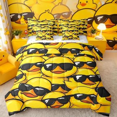 Imagem de Erosebridal Jogo de cama solteiro fofo de pato amarelo, com 7 peças, engraçado, de pato de borracha, para crianças, meninos, meninas, adolescentes, animais de fazenda, conjunto de lençol com edredom