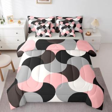 Imagem de Conjunto de edredom geométrico abstrato, rosa, cinza, preto, 7 peças, para crianças, adolescentes, adultos, minimalistas modernos, rosa, bege, estetica, geométrica, contemporânea, conjunto de cama