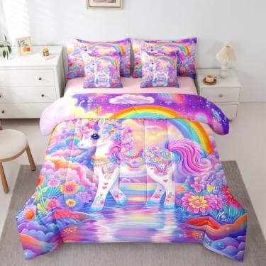 Imagem de Erosebridal Jogo de cama solteiro com estampa de animais mágicos de unicórnio, 7 peças, floral, arco-íris, flores fofas, castelo de princesa, decoração de quarto de unicórnio, conjunto de cama com