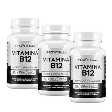 Imagem de Kit 03 Unidades Vitamina B12 Metilcobalamina 90 Comprimidos Mastigáveis | Provitalli | Alta Absorção e Biodisponibilidade | Suporte para Energia, Foco e Sistema Imunológico | 550mg 9,94mgc | Sabor Morango