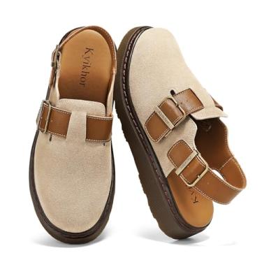Imagem de KYIKHOR Mocassim feminino de camurça sem cadarço|Tamancos de camurça genuína para mulheres|Palmilha confortável de couro Mules sapatos de batata com alça traseira | Sapatos sociais casuais de
