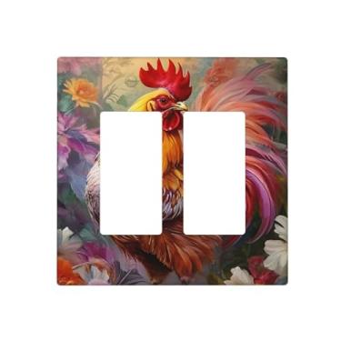 Imagem de JDAKHD Farmhouse Rooster Capas decorativas de galo country decoração dupla Gfci/Rocker placa de parede flores coloridas campo de girassol 2 gangues placa de interruptor de luz elétrica cozinha quarto
