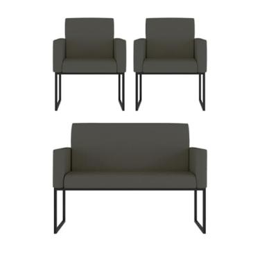 Imagem de Kit 2 Poltrona + Sofá 2 Lugares com Base Ferro Preta Courino Cor:cinza