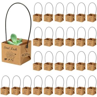 Imagem de Pacote com 40 caixas de lembrancinhas de suculentas, sacos de presente com alças, design de boa sorte, mini vasos de plantas quadrados para eventos e festas