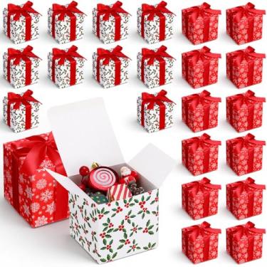 Imagem de Sabary 25 caixas de presente de Natal com tampas, 10 x 10 x 10 cm, caixas de presente kraft de Natal com fitas vermelhas, pequena caixa de presente para festa de casamento de Natal, aniversário