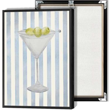 Imagem de Arte de parede em tela martini listrada azul pôsteres divertidos estilo aquarela impressões para cozinha sala de estar dormitório decoração de parede 30,5 x 40,6 cm sem moldura