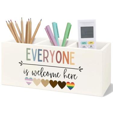 Imagem de Yhtrg Porta-lápis de madeira para professores com diversidade inclusiva para mesa, todos são bem-vindos aqui, igualdade de madeira, escova de dentes, organizador para sala de aula, escola, professor