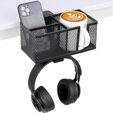 Imagem de Braçadeira de suporte de copo de metal sem broca, organizador de mesa preto para bebidas, fones de ouvido e itens pequenos