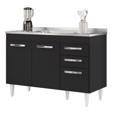 Imagem de Balcão Gabinete Com Pia Inox 120cm 3 Portas 2 Gavetas Suécia Preto - Lumil