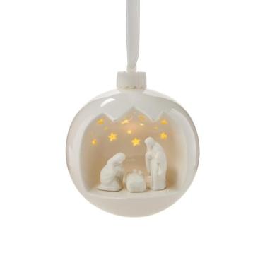 Imagem de Two's Company Enfeite de lembrança de presépio iluminado com suporte em caixa de presente, 12 cm, porcelana, branco