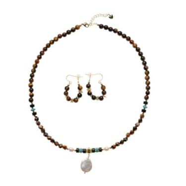 Imagem de Zynzonis Conjunto de colar e brinco de pedra natural para mulheres – Conjunto de joias de 2 peças com colar de pedras preciosas e brincos de argola combinando, presente moderno, 19.5”, Olho de tigre