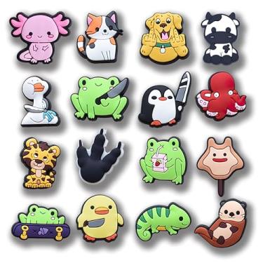 Imagem de 16 peças de pingentes engraçados para sandálias de tamanco – desenhos de animais fofos, incluindo sapo, gato, cachorro, pinguim, vaca e polvo, decorações de sapatos para adultos, acessórios de festa