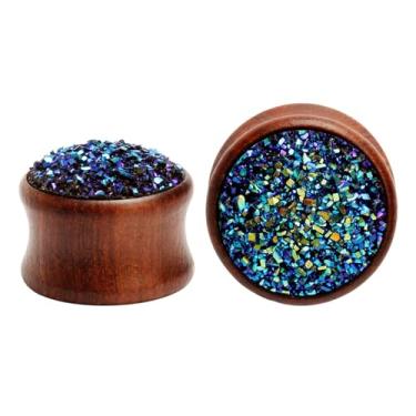 Imagem de Lirzxin Medidores de orelha para mulheres e homens, 2 peças túneis de madeira para orelhas, alargador duplo, pedra azul sólida, túneis e plugues de orelha 11/40.6 cm 18 mm marrom