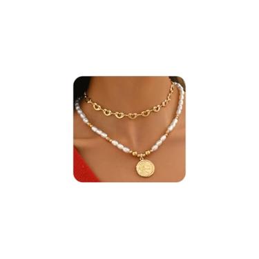 Imagem de Colar feminino com pingente de pérolas geométricas em camadas douradas com pingente de moeda, vintage, pérola, retrato, acessórios de joias personalizados, presentes, Large, Liga de aço, Sem Pedra