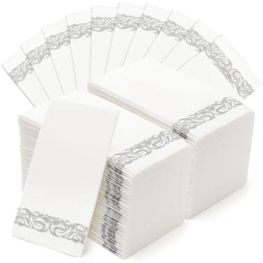 Imagem de Foraineam Pacote com 100 guardanapos de papel decorativos para mãos descartáveis com toque de linho – Papel floral prata