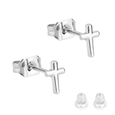 Imagem de Brincos Cruz Pequena Prata para Mulheres, Miniaturas Delicadas De Cruz Prong Acessórios de Joalharia Minimalistas para Uso Diário