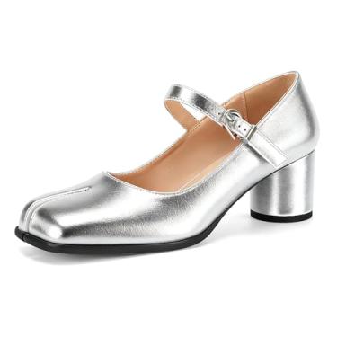 Imagem de Sapatos femininos Tabi Black Mary Janes bico dividido salto alto bloco grosso tira tornozelo confortável vestido trabalho escola escarpin, Salto - prata, 44