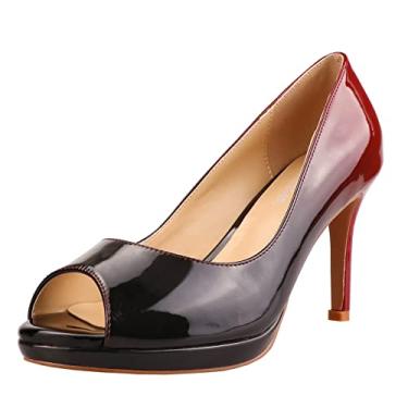 Imagem de LEMUTISME Sandálias femininas de couro envernizado, sexy, sem cadarço, salto alto, salto alto, chique, brilhante, bico aberto, salto agulha plataforma, Vermelho-preto, 38