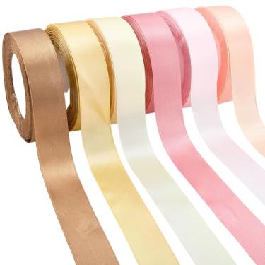 Imagem de CRASPIRE Fita de cetim de 6 cores, 1 polegada rosa empoeirado 149,6 m tecido poliéster champanhe sortido face única para embrulho de presente DIY, casamento, chá de panela, laço de flores, buquê de