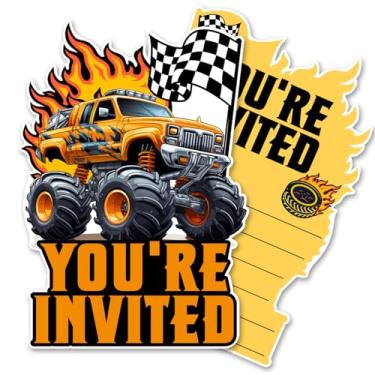 Imagem de QYCFDXD Convites de festa temáticos Monster Truck com envelopes, conjunto de 20 convites em forma de caminhão monstro aniversário chá de bebê convites suprimentos lembrancinhas, dupla face (amarelo)