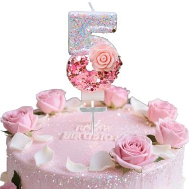 Imagem de Vela digital de aniversário, rosa rosa nº 5, vela de aniversário, adequada para meninos e meninas, aniversários e celebrações, é o presente preferido para expressar amor (número 5)
