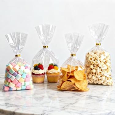 Imagem de 100 unidades de sacos de guloseimas de celofane sacos de presente transparentes 15 x 23 cm com borda dobrada de 6 cm equipada com laços torcidos podem ser selados novamente adequados para embalagem de