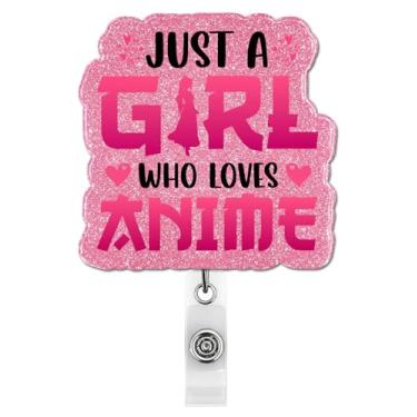 Imagem de Just a Girl Who Loves Anime Badge Reel Retrátil, Presentes de Anime para Meninas, Suporte de Crachá Rosa com Clipe Jacaré para Estudante, Filha, Irmã, Amiga, Bestie, Colega de Trabalho