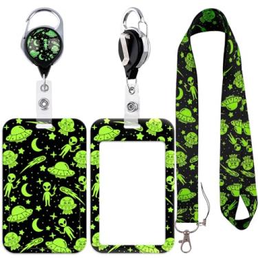 Imagem de Cordão alienígena para crachás de identificação, suporte de crachá com clipe de carretel retrátil para chaveiro com suporte de identidade, protetor de cartão de nome