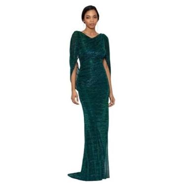 Imagem de Betsy & Adam Vestido feminino de malha metálica drapeado nas costas manga longa comprimento até o chão (pequeno), Jade, 46