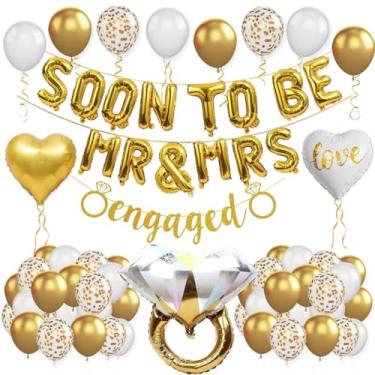 Imagem de Soon To Be Mr & Mrs Banner de balão para decorações de festa de noivado, balão de letras douradas com balões de coração, balões de anel para ensaio de casamento dourado chá de panela, artigos de