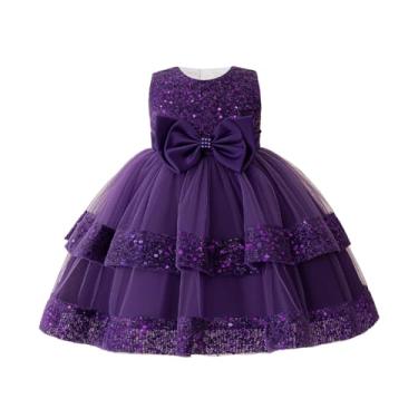 Imagem de OBEEII Vestido infantil de tule com lantejoulas brilhantes para casamento, formatura, princesa, sem mangas, para concursos, bailes, Roxo escuro, 7 Years