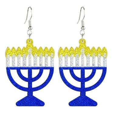 Imagem de 1-3 pares de brincos de pingente de Hanukkah com glitter, para mulheres, azul, branco, menorá, estrela de Davi, acessórios de joias religiosas judaicas, presentes de Natal Chanucá - D, Acrílico, Sem